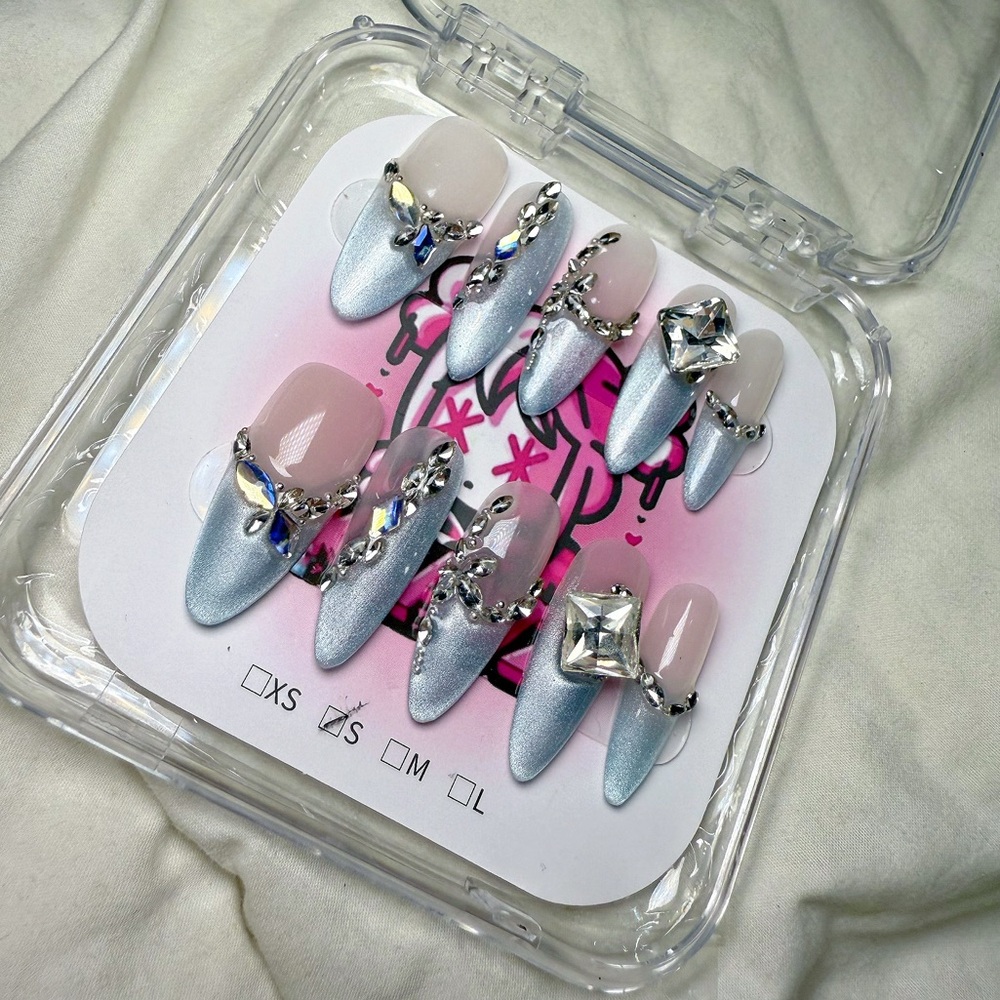 KLAWZ 10 PCS handmade press on nails crystal blue almond shaped reusable